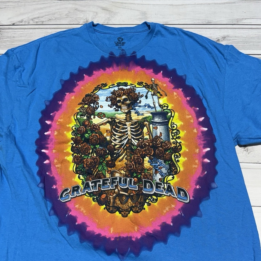 Liquid Blue Grateful Dead T Shirt Mens 2XL Rainbow Bertha Skeleton Roses Tie Dye